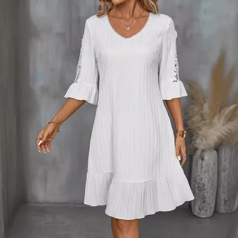 Elegant Lace-Trimmed White Midi Dress with Flared Sleeves - Vogue Aura