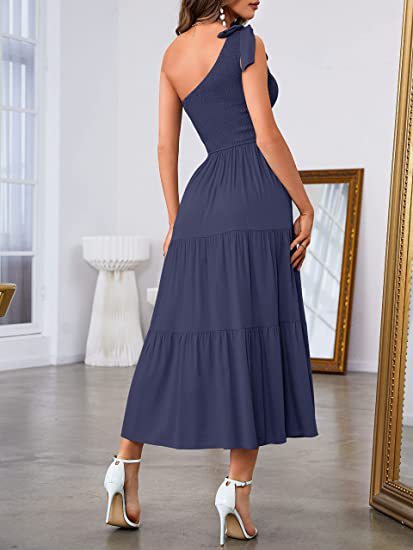 One-Shoulder Pleated Layered Hem Maxi Dress - Vogue Aura