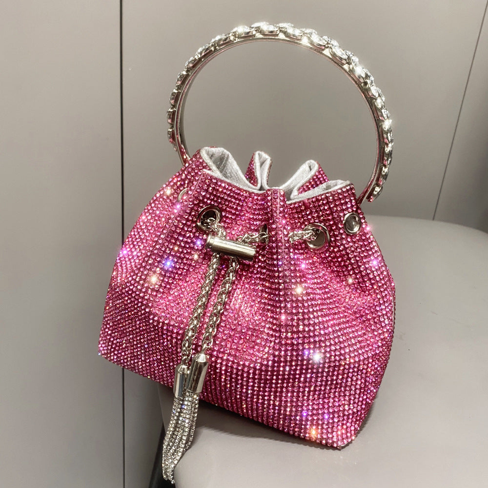 Elegant Metallic Cylinder Handbag with Shimmering Diamonds for Women - Vogue Aura