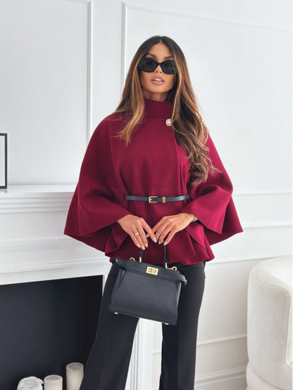 Elegant Batwing Sleeve Cloak Top with Belt for Women - Vogue Aura