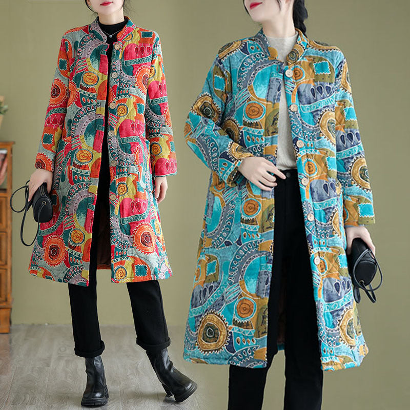 Elegant Retro Printed Cotton-Padded Coat with Stand Collar