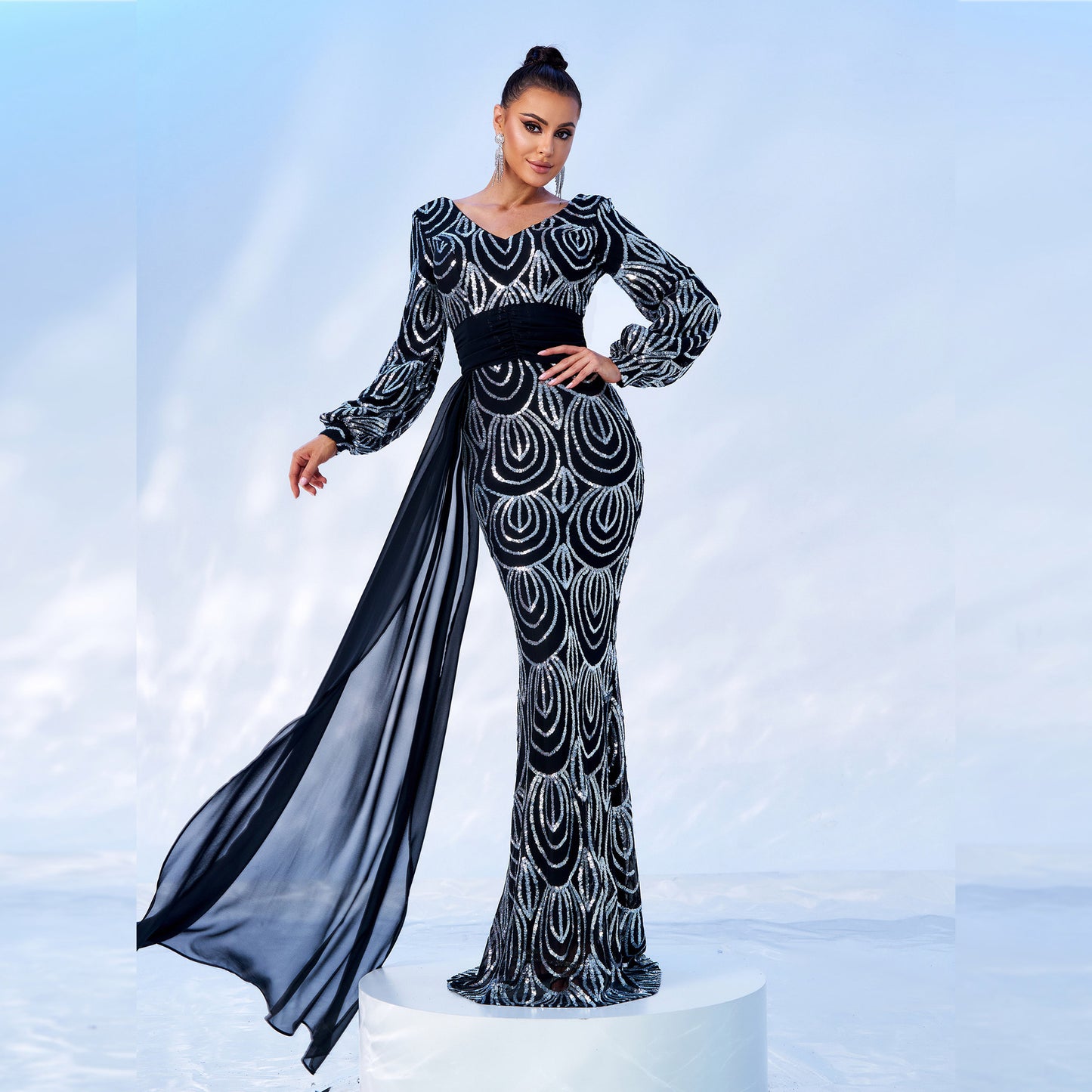 Elegantly Sequined Long Sleeve Evening Dress - Vogue Aura