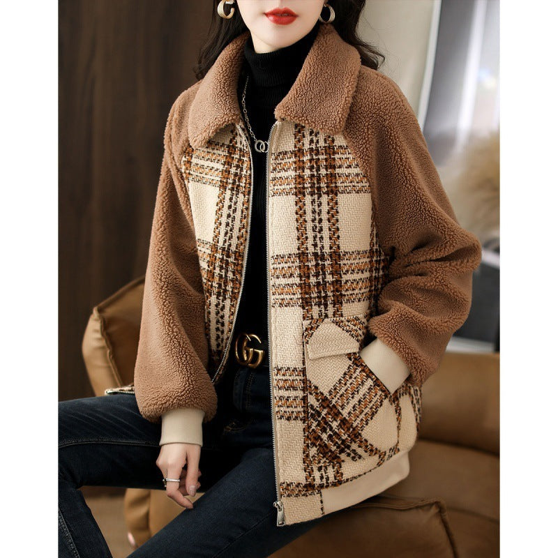 Plaid Raglan Sleeve Coat in Warm Brown - Vogue Aura