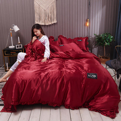 Pure Color Washed Silk Bed Sheet Ice Silk Four-piece Set - Vogue Aura