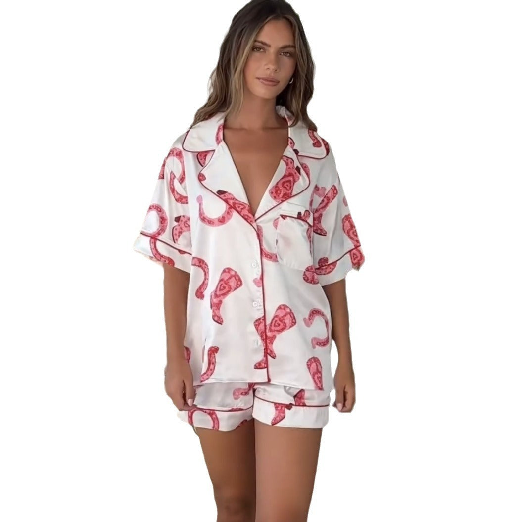 Printed Satin Two-Piece Pajama Set for Women - Vogue Aura