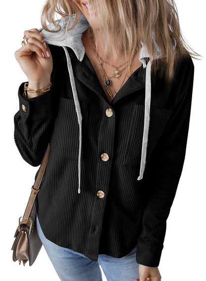 Chic Lapel Buckle Hooded Striped Coat with Pockets - Vogue Aura