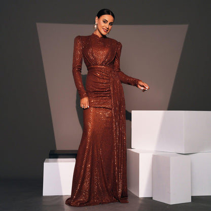 Graceful Long Sleeve Sequin Evening Dress with Tailored Fit - Vogue Aura