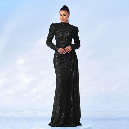 Graceful Long Sleeve Sequin Evening Dress with Tailored Fit - Vogue Aura