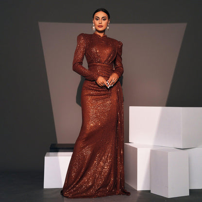 Graceful Long Sleeve Sequin Evening Dress with Tailored Fit - Vogue Aura