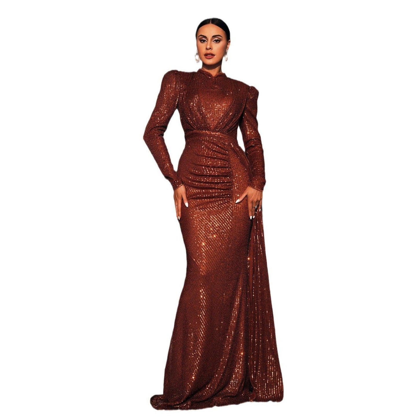 Graceful Long Sleeve Sequin Evening Dress with Tailored Fit - Vogue Aura