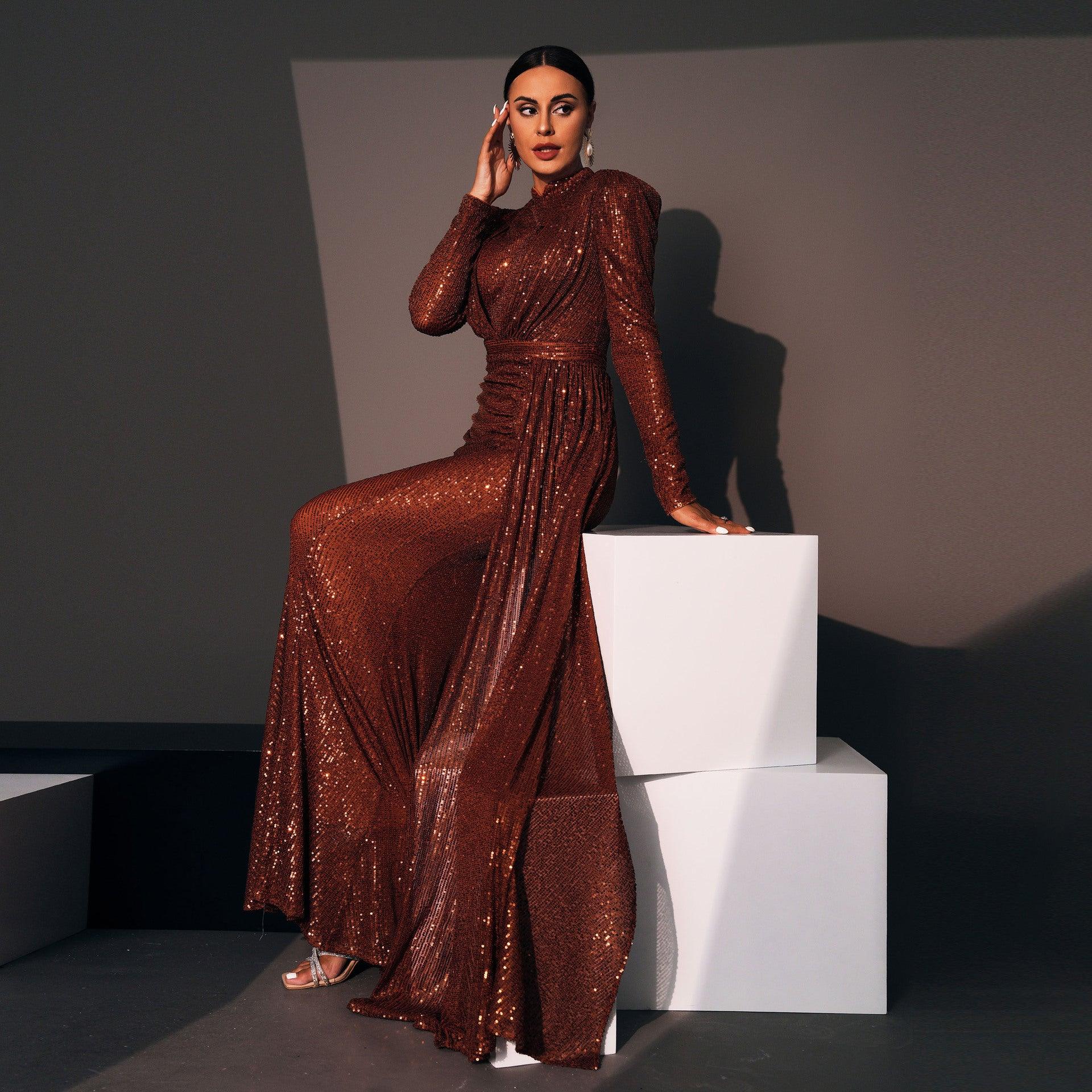 Graceful Long Sleeve Sequin Evening Dress with Tailored Fit - Vogue Aura