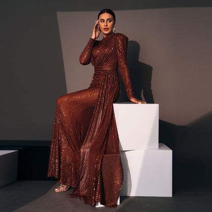 Elegant Sequin Long Sleeve Cocktail Dress - Vogue Aura