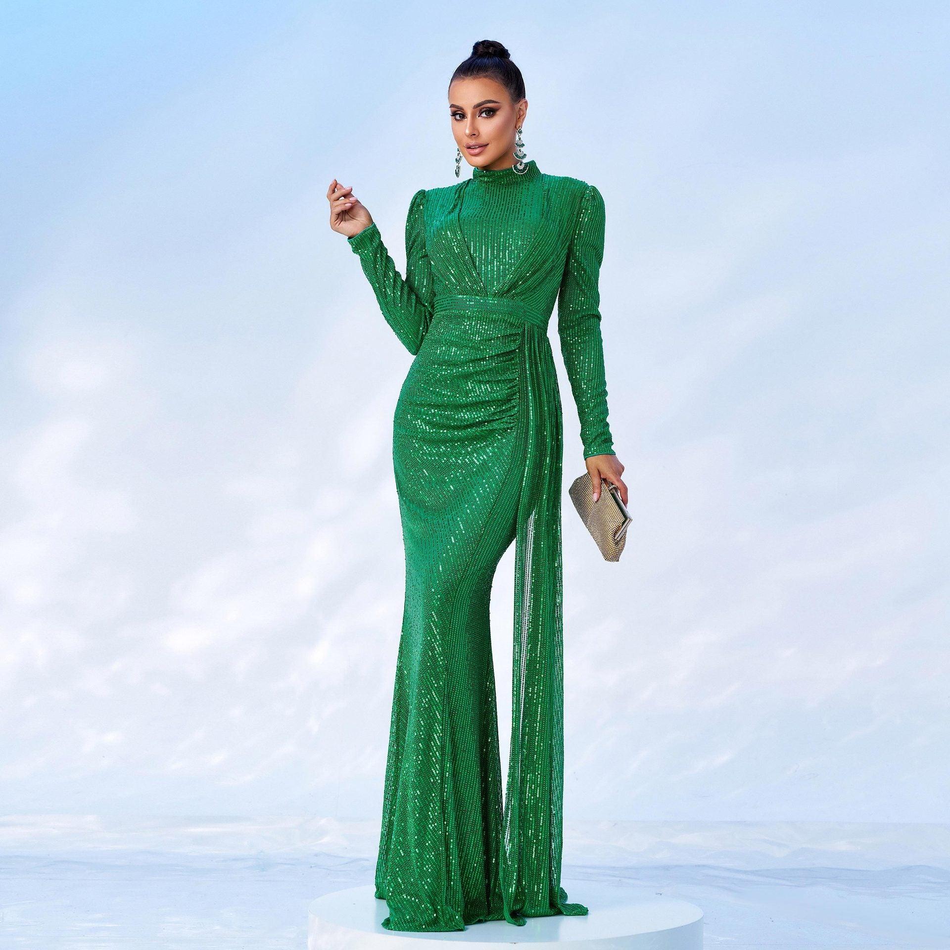 Graceful Long Sleeve Sequin Evening Dress with Tailored Fit - Vogue Aura