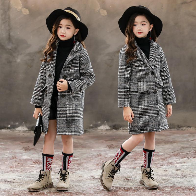 Gray plaid houndstooth coat for girls - Vogue Aura