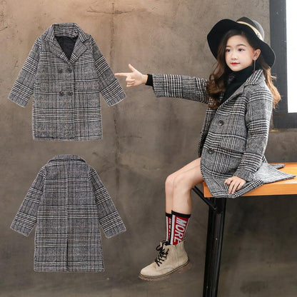 Gray plaid houndstooth coat for girls - Vogue Aura