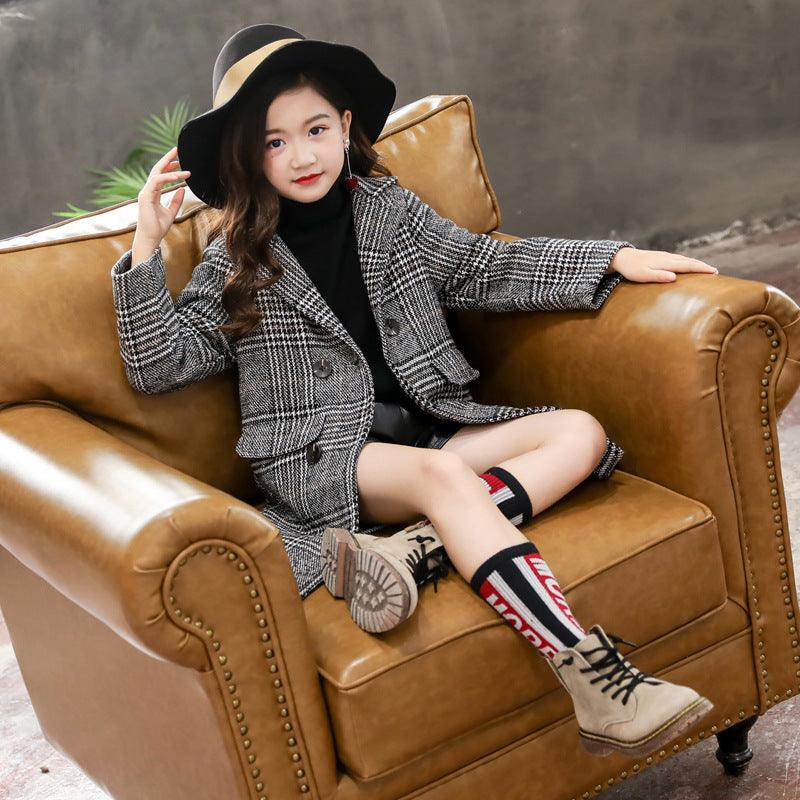 Gray plaid houndstooth coat for girls - Vogue Aura