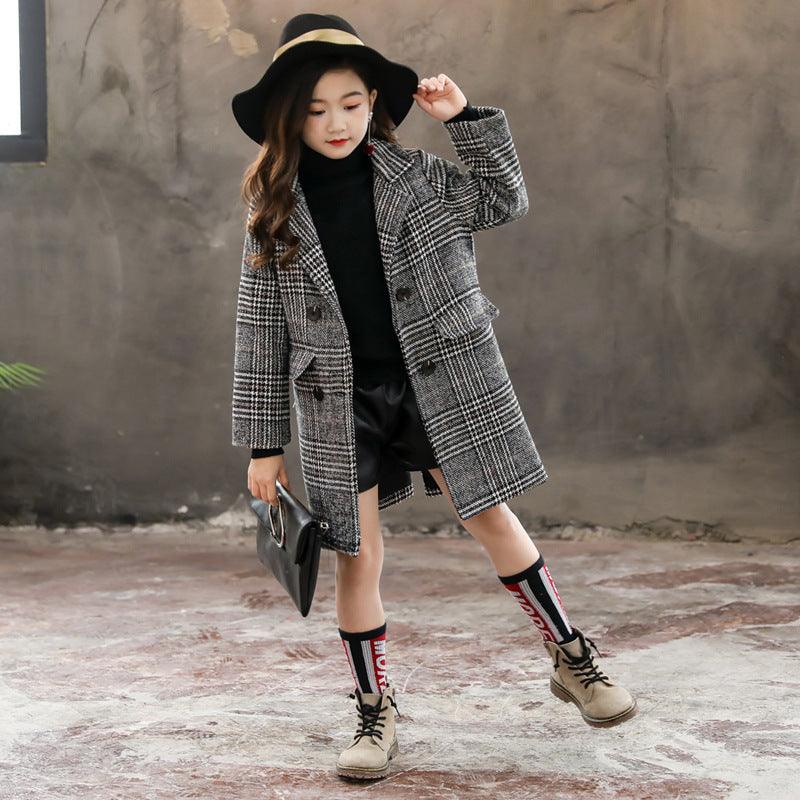 Gray plaid houndstooth coat for girls - Vogue Aura