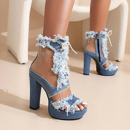 Lace-Up Denim Chunky Heel Sandal Boots with Side Zip - Vogue Aura