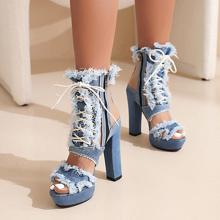 Lace-Up Denim Chunky Heel Sandal Boots with Side Zip - Vogue Aura