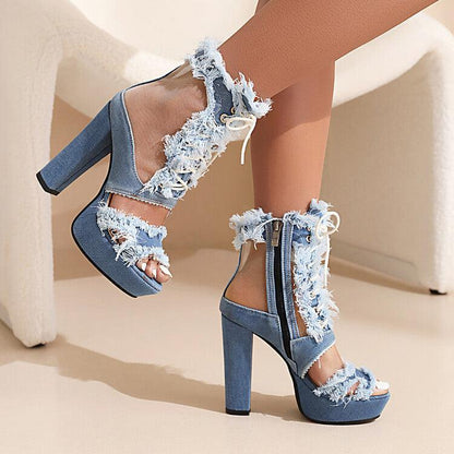 Lace-Up Denim Chunky Heel Sandal Boots with Side Zip - Vogue Aura