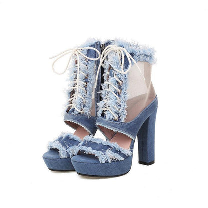 Lace-Up Denim Chunky Heel Sandal Boots with Side Zip - Vogue Aura