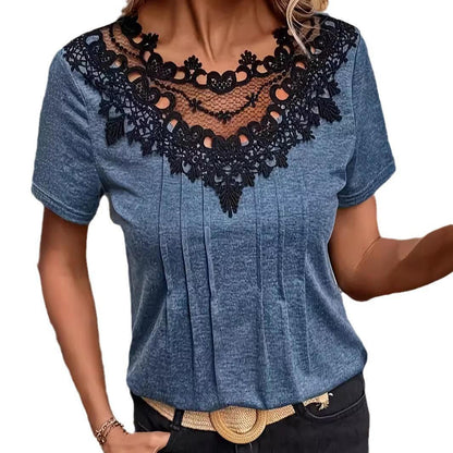 Navy Blue Lace Ruffled Tee for Elegant Occasions - Vogue Aura