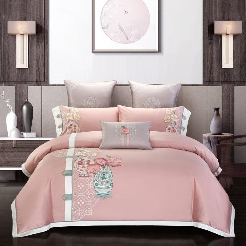 Luxurious Embroidered Cotton Bedding Collection - Four-Piece Set for Ultimate Comfort - Vogue Aura