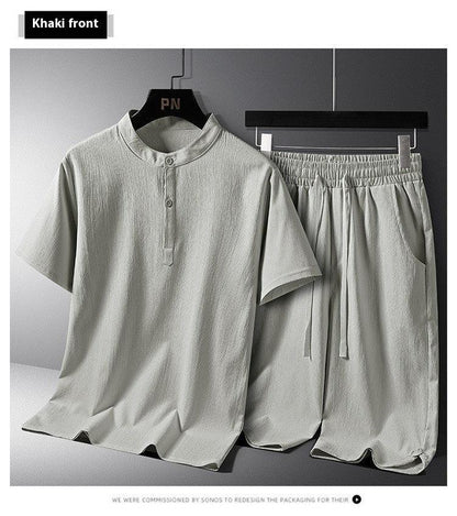 Men's Casual Cotton-Linen Two-Piece Set with Short Sleeve and Stylish Shorts - Vogue Aura