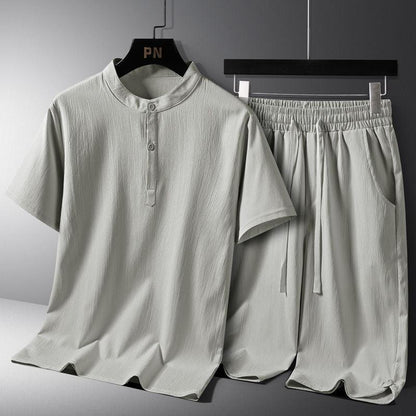 Men's Casual Cotton-Linen Two-Piece Set with Short Sleeve and Stylish Shorts - Vogue Aura