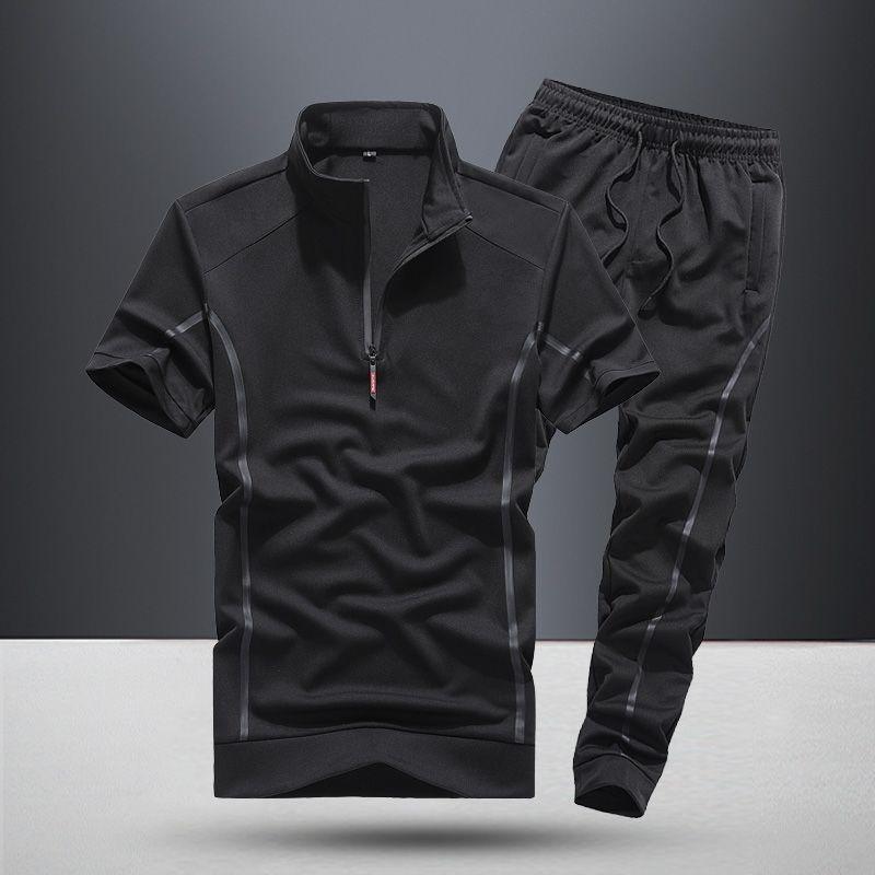 Men's Lightweight Casual Running Suit - Spring/Summer Stylish Short Sleeve Two-Piece Set with Stand Collar - Vogue Aura