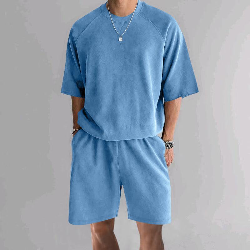 Men's Lightweight Terry Sportswear Two-Piece Set with Short Sleeves and Shorts - Vogue Aura