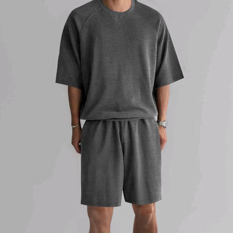 Men's Lightweight Terry Sportswear Two-Piece Set with Short Sleeves and Shorts - Vogue Aura