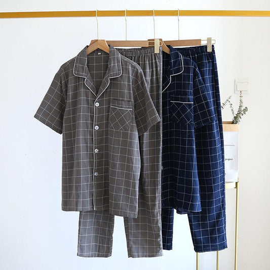 Men's Short-Sleeve Plaid Cotton Pajama Set with Trousers - Vogue Aura