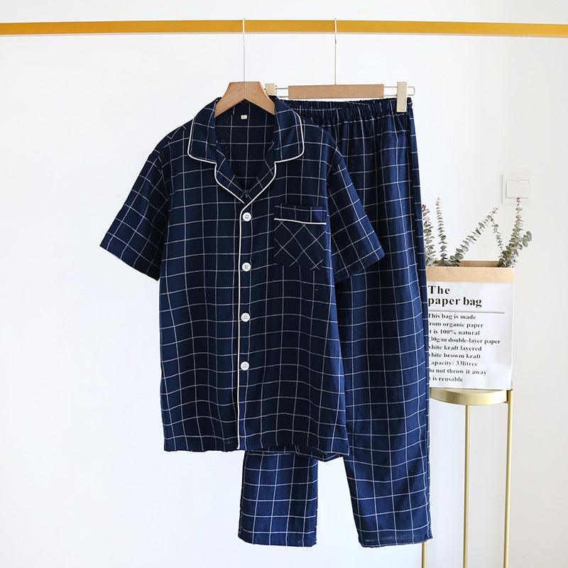 Men's Short-Sleeve Plaid Cotton Pajama Set with Trousers - Vogue Aura