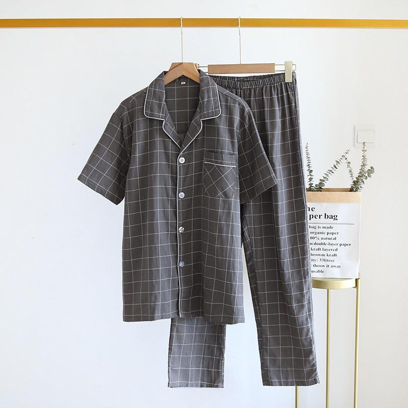 Men's Short-Sleeve Plaid Cotton Pajama Set with Trousers - Vogue Aura