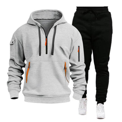 Men's Multi-Pocket Hooded Sports Sweatshirt Set - Vogue Aura