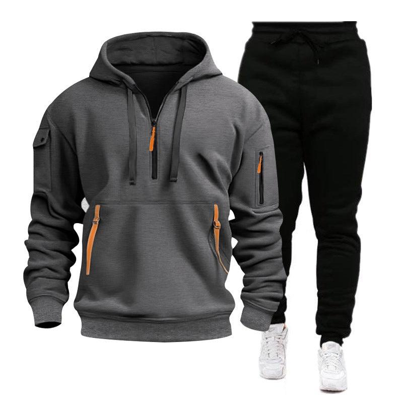 Men's Versatile Multi-Pocket Hooded Sports Sweatshirt Set - Vogue Aura