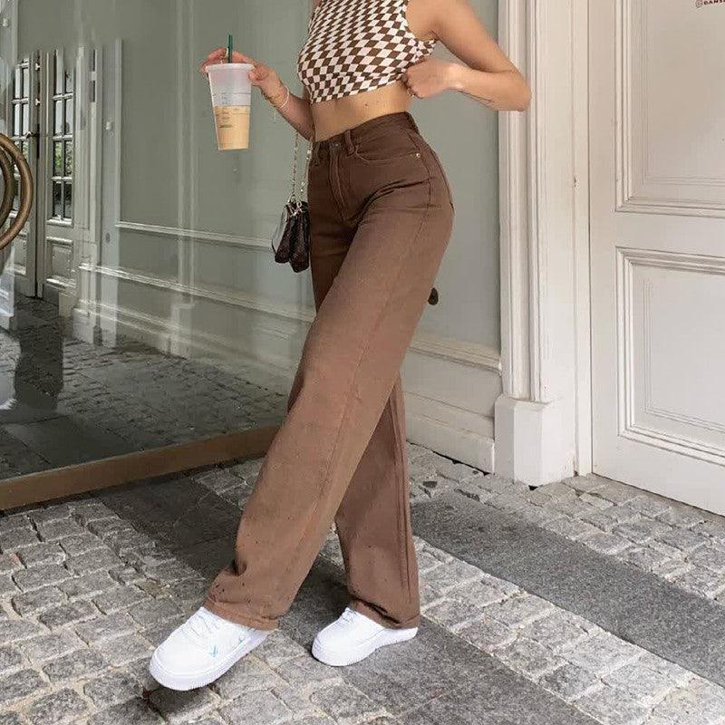 Chic High-Waisted Brown Denim Jeans with Retro Flair - Vogue Aura