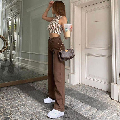 Chic High-Waisted Brown Denim Jeans with Retro Flair - Vogue Aura