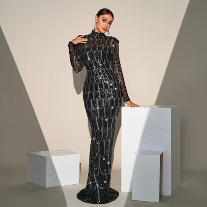 Elegant Black Sequin Long Sleeve Fitted Dress - Vogue Aura