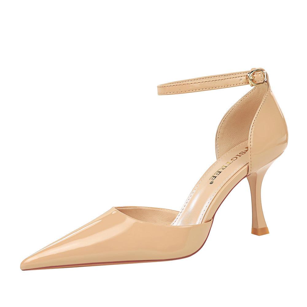 Sophisticated Patent Leather Ultra High Heel Pointed Toe Sandals with Ankle Strap - Vogue Aura