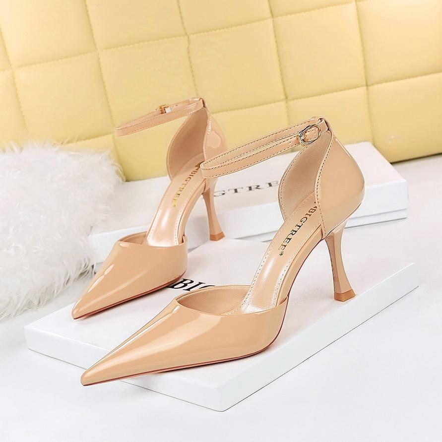 Sophisticated Patent Leather Ultra High Heel Pointed Toe Sandals with Ankle Strap - Vogue Aura