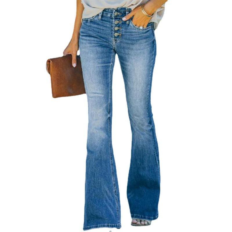 High-Waisted Slim Fit Flare Denim with Double Button Detail - Vogue Aura