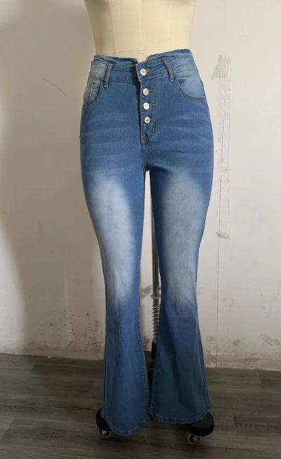 Stylish High-Waisted Slim Fit Flare Denim with Trendy Double Button Detail - Vogue Aura