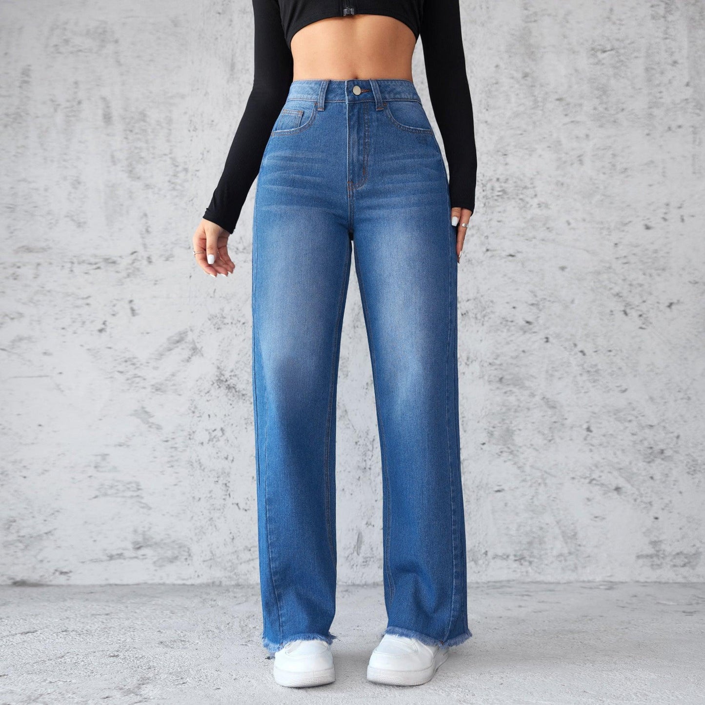 High-Waisted Wide-Leg Denim Trousers for Effortless Elegance - Vogue Aura