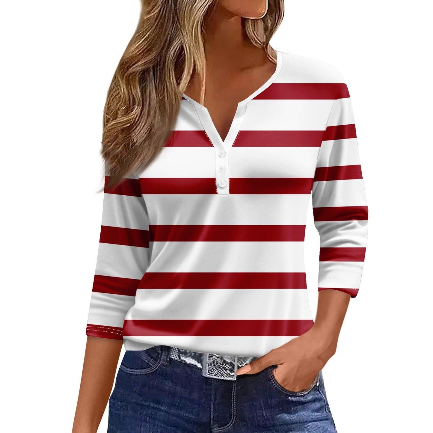 Chic V-Neck Loose-Fit Women's T-Shirt with Button Detail - Vogue Aura