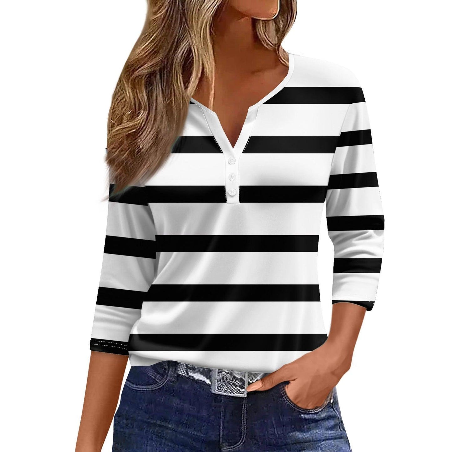 Chic V-Neck Loose-Fit Women's T-Shirt with Button Detail - Vogue Aura