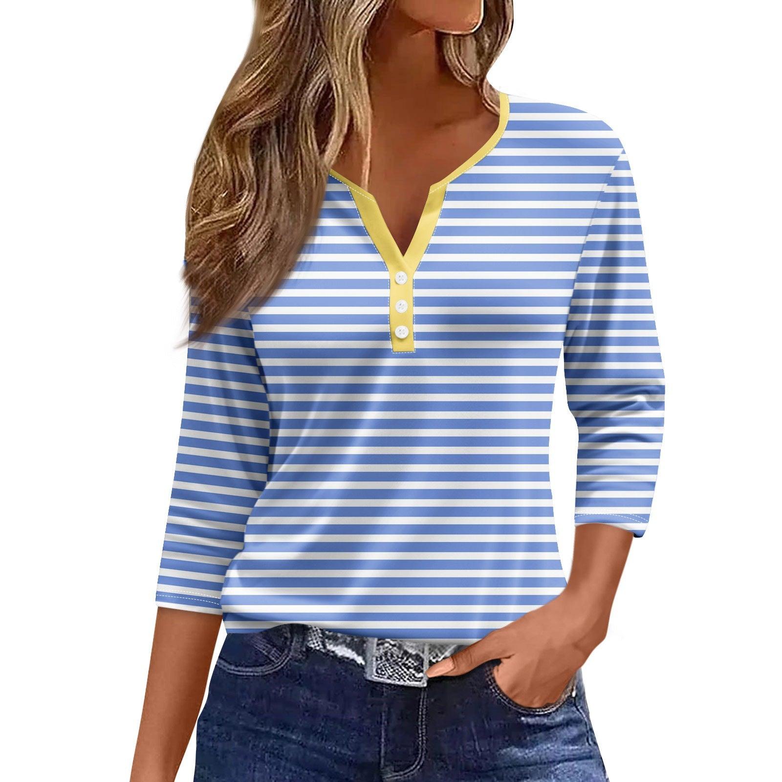 Stylish V-Neck Printed Loose-Fit Women's Tee with Button Detail - Vogue Aura