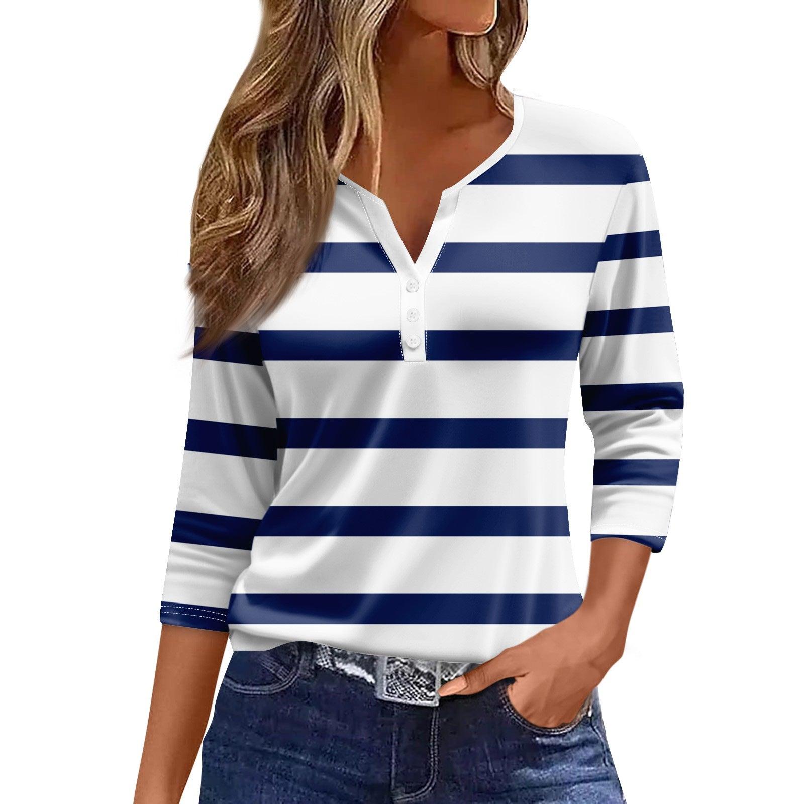 Chic V-Neck Loose-Fit Women's T-Shirt with Button Detail - Vogue Aura