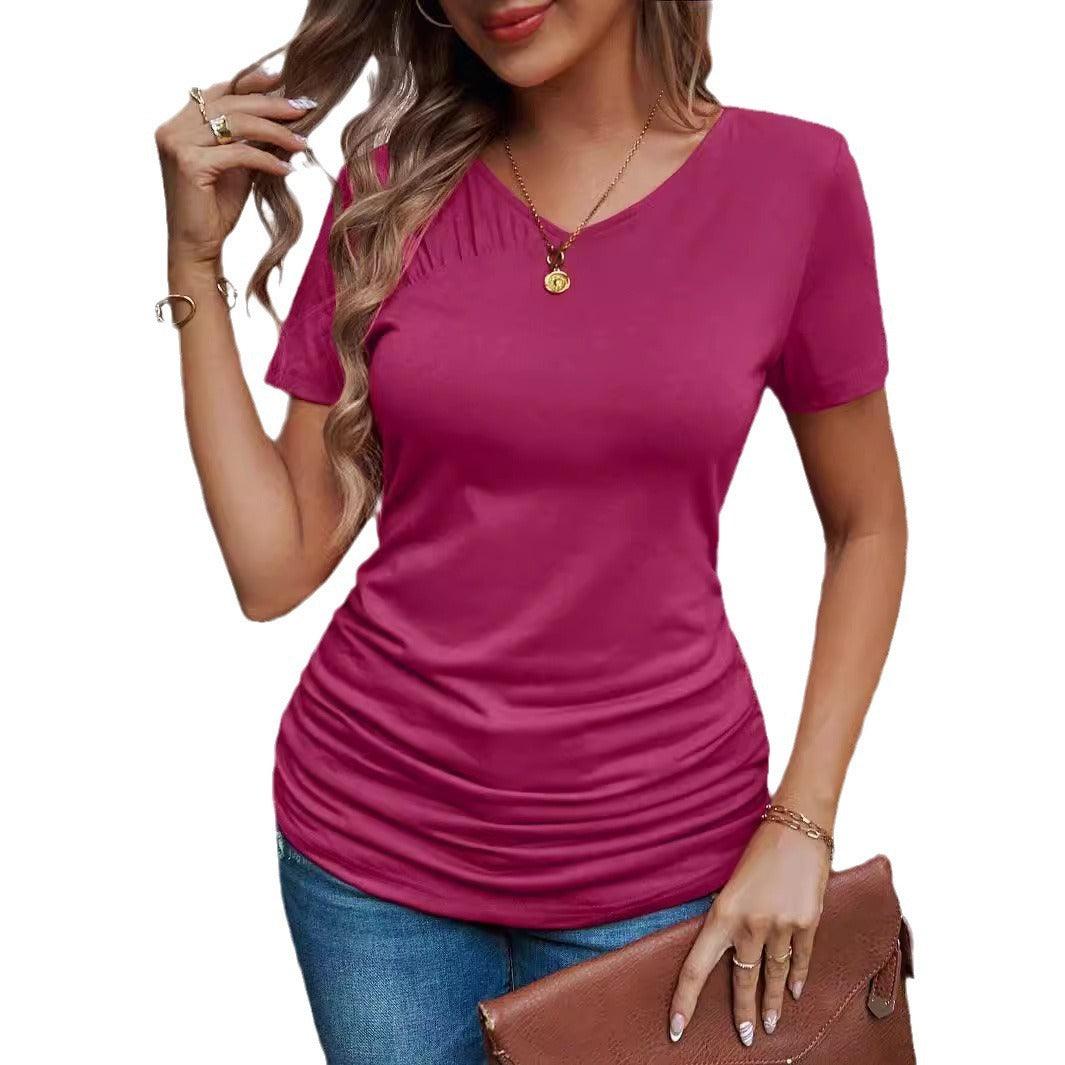 Chic V-Neck Short Sleeve Tee for Effortless Elegance - Vogue Aura